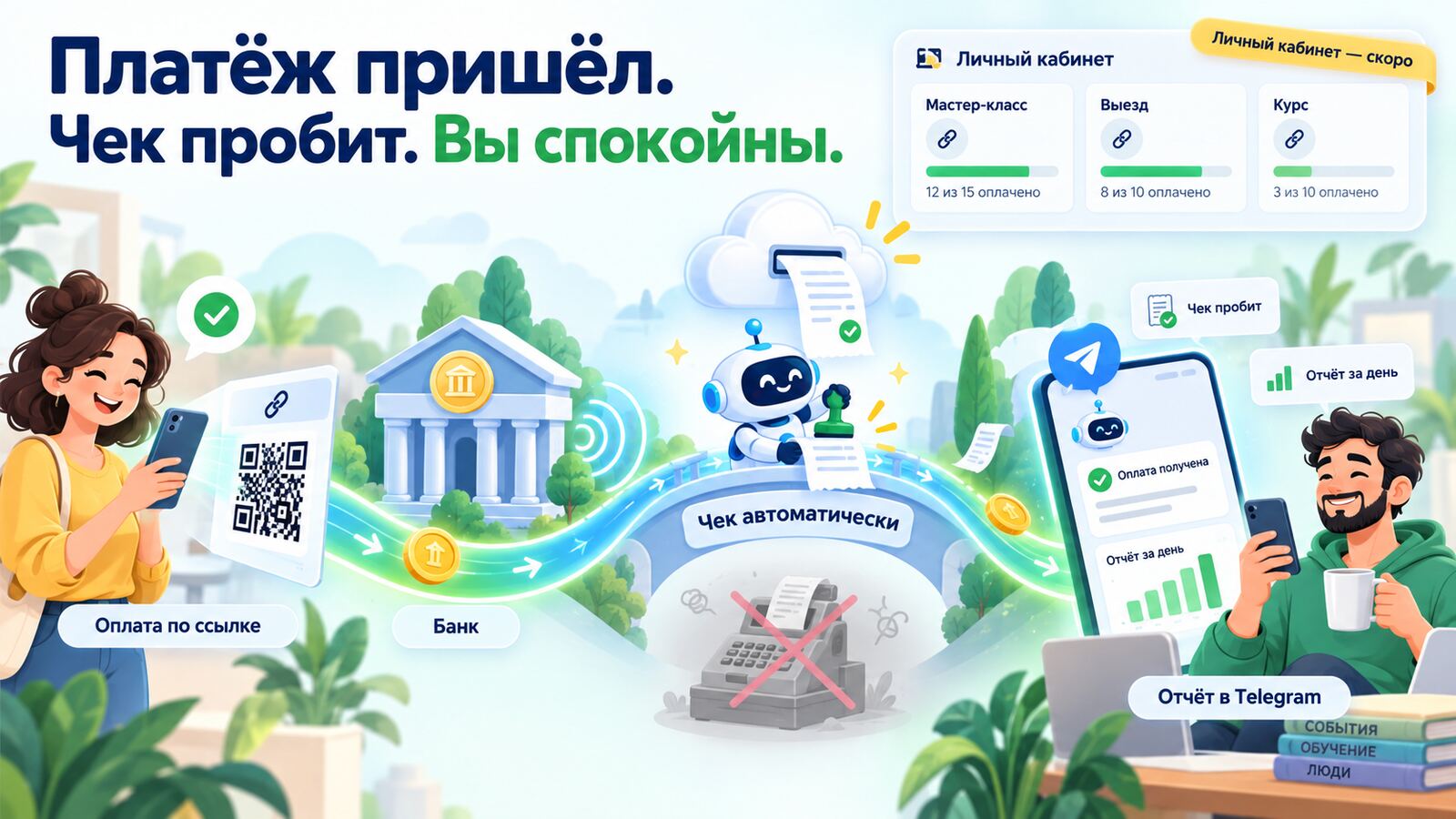 Иллюстрация: покупатель оплачивает по ссылке через QR-код, банк передаёт уведомление об оплате, сервис автоматически пробивает чек в облачной кассе, продавец получает сообщение «Оплата получена» в Telegram